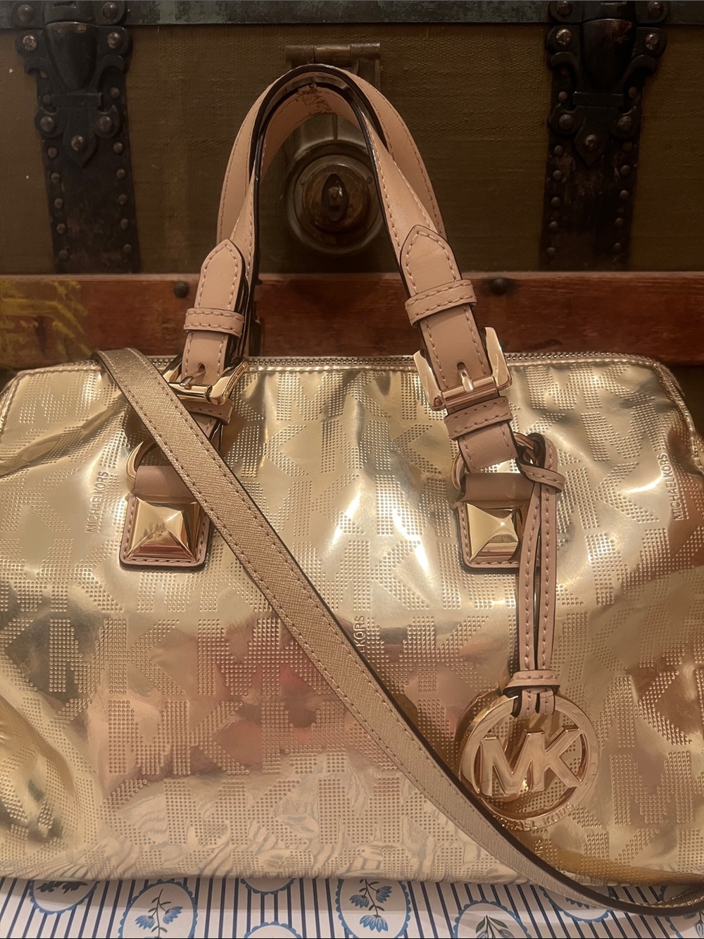 Michael Kors Metallic Gold Satchel with Nude/Tan Handles